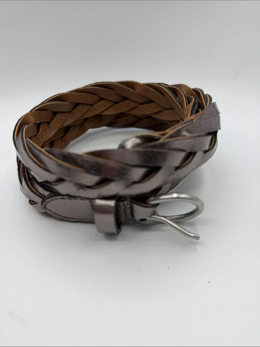 Metallic Pewter Braided Leather Belt | Silver O-Ring Buckle (1